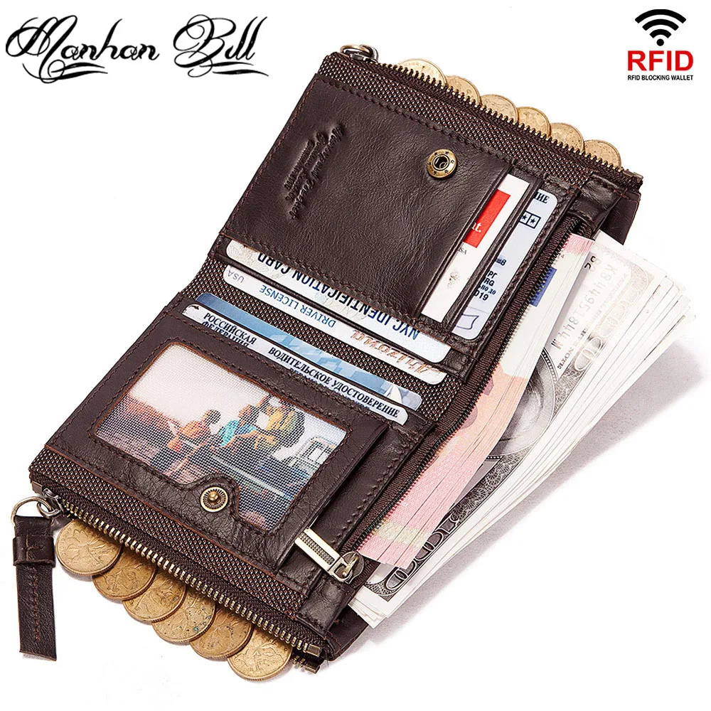 

Rfid Anti-Theft Brush Wallet Leather Bag Multifunctional Buckle Zipper Retro Cowhide Men'S Bag Casual Coin Purse