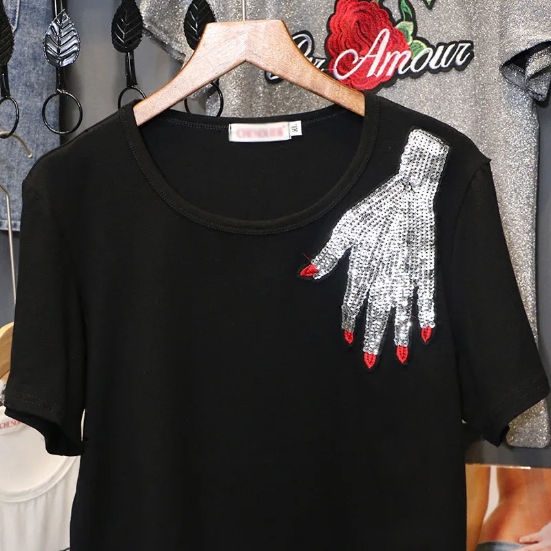 

Sequins T-Shirt Women Short Sleeve Patchwork O-neck TShirts Casual Plus Size Tops Tees Female Summer Fingers T-shirt T031