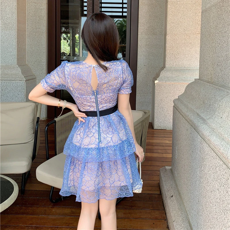 

Blue Lace Dress Vintage Self-Portrait Runway Summer Dress Elegant Short Sleeve Flower Sequins Mini Dress High Waist Zipper C044