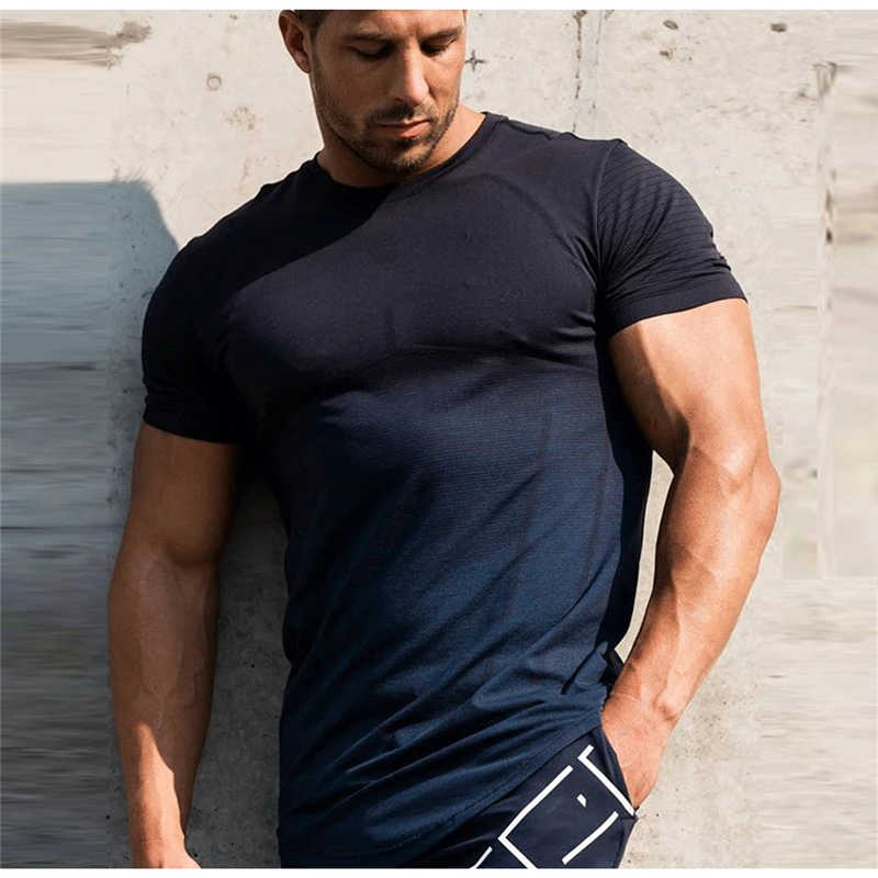 

2020 Mens summer Short sleeve T-shirt Gyms Fitness Bodybuilding Superelastic Male casual Joggers sports Workout Tee Top 110