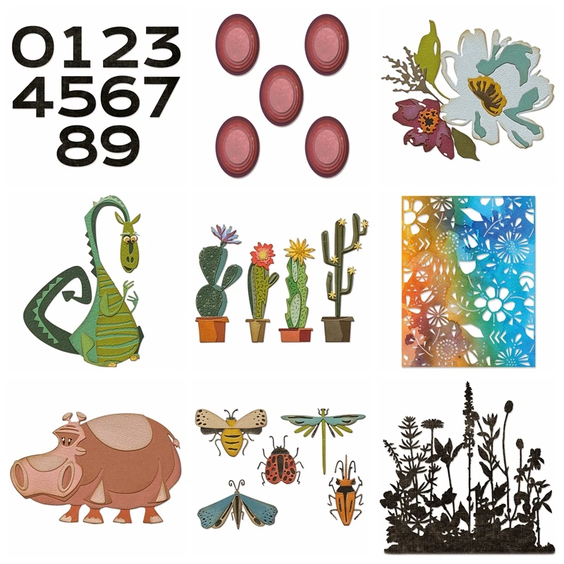 

New 2021 Retro TV Funky Cactus Insects Brushstroke Flowers Stacked Oval Tiles Metal Cutting Dies For DIY Scrapbooking Paper