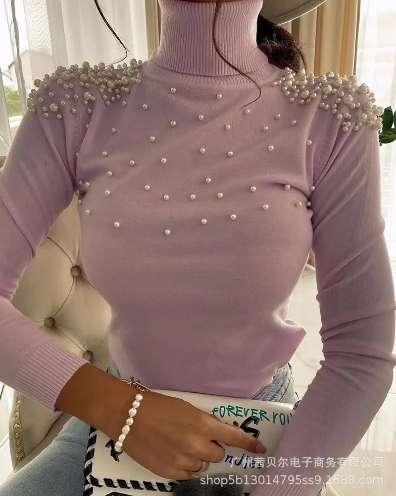 

2021 new women's bubble bead decoration turtleneck long-sleeved sweater