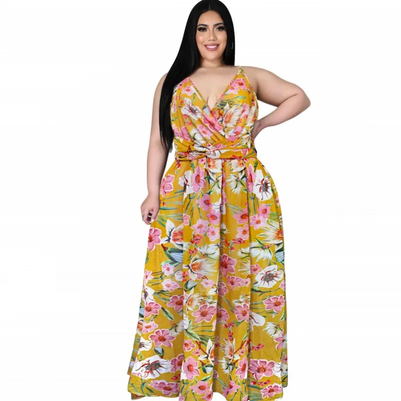 

Floral Women Maxi Dress Sexy Sleeveless Elastic Waist Robes Summer Fashion Chiffon Elegant Bohemian Beach Style Dress Plus Size