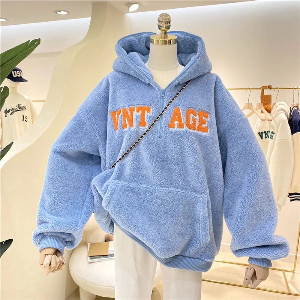 

Warm Lambswool Hoodies Women Vintage Letter Sweatshirt Hooded Thick Plus Autumn Winter Harajuku Pullover