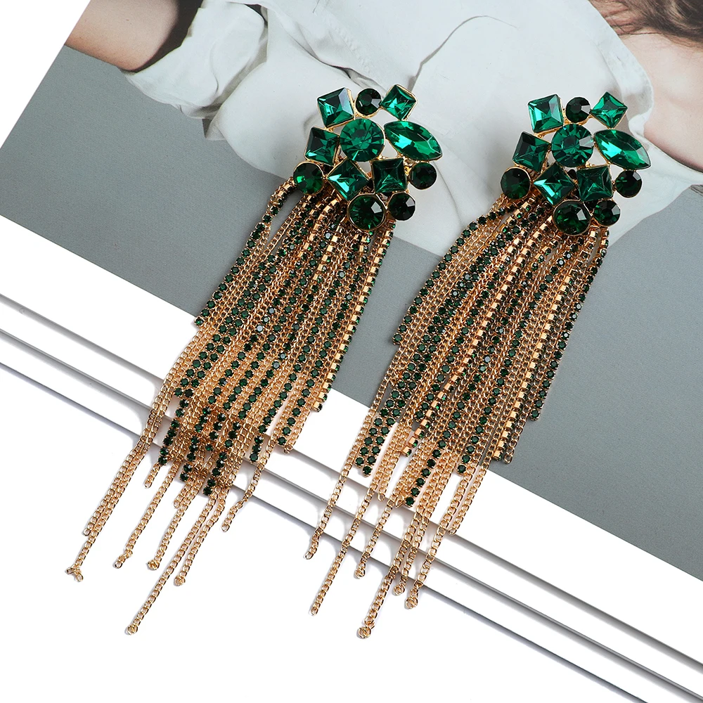 

Fashion Metal Chain Inlay Colorful Rhinestone Tassel Dangle Earrings For Women Elegant Luxury Ear Accessories Irregular Jewelry