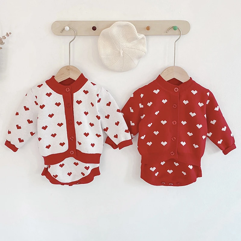 

New 2020 Autumn Kids Girl Suit Clothes Infant Baby Girls Loving Heart Rompers + Long Sleeve Coat Clothing Sets 0-3Yrs