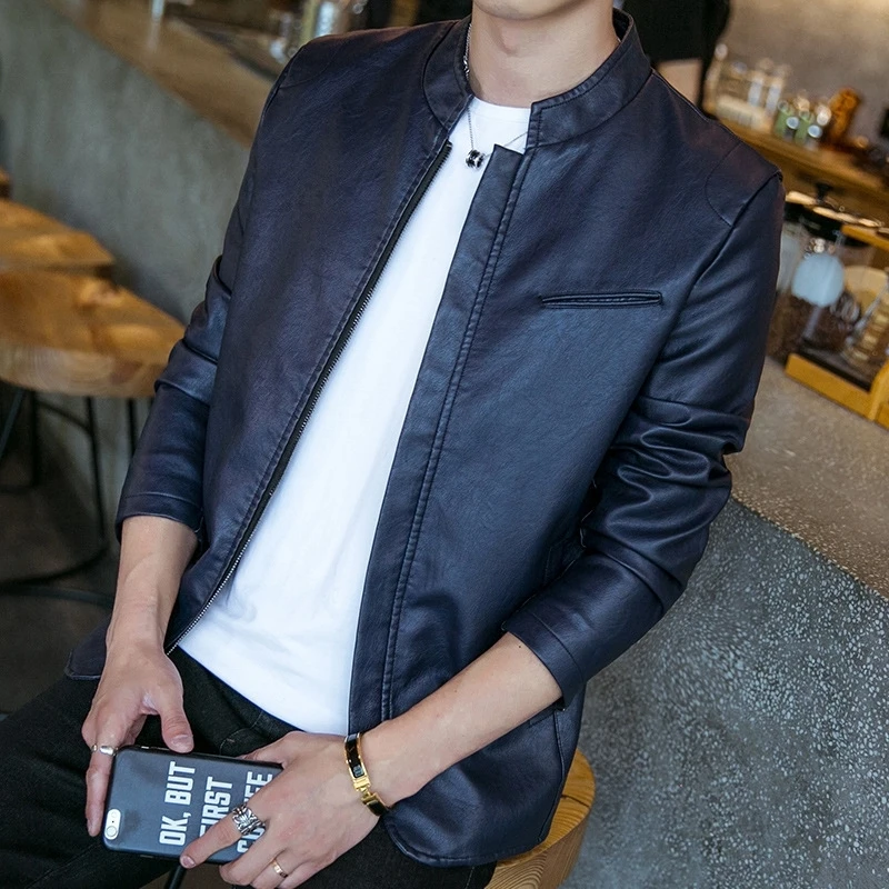 Куртка-бомбер мужская осенне-зимняя из искусственной кожи с воротником-стойкой