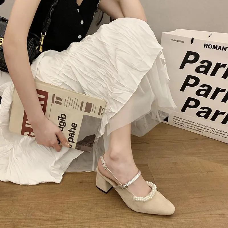 

High Heels Sandals Women 2021 Summer Party Shoes Fashion Pearl Closed Pointed Toe Square Heel Buckle Strap Sandals Woman Loafers