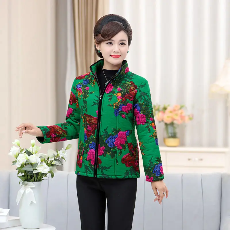 

Middle aged and old women's winter clothes small cotton padded jacket short small broken flowers loose large size granny warm