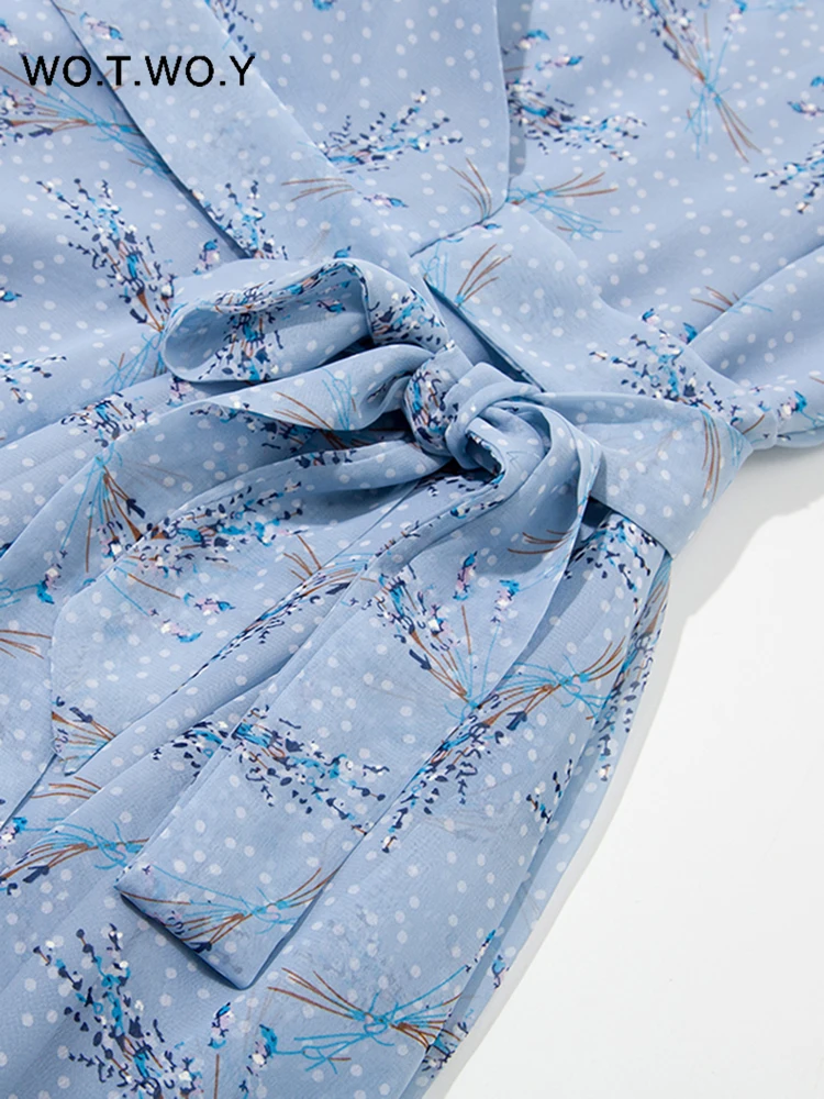 

WOTWOY Summer High Waist Printed Chiffon Dress Women Belted Long Sleeve Mesh Dress Female Casual V-Neck Blue Maxi Dresses Lady