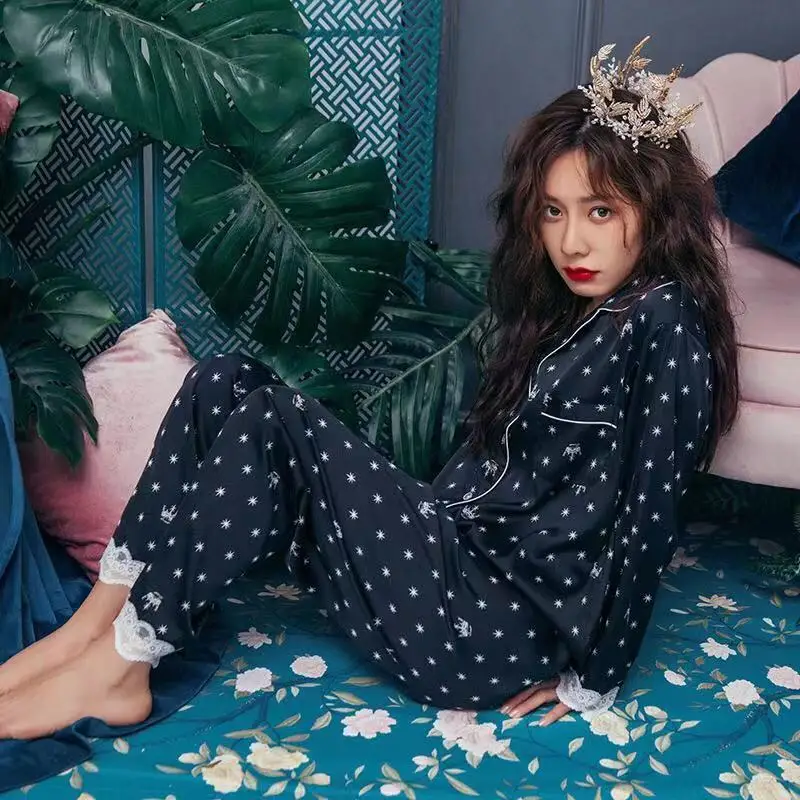 Новинка женская одежда для сна осенне-зимние пижамы с длинным рукавом шелковая