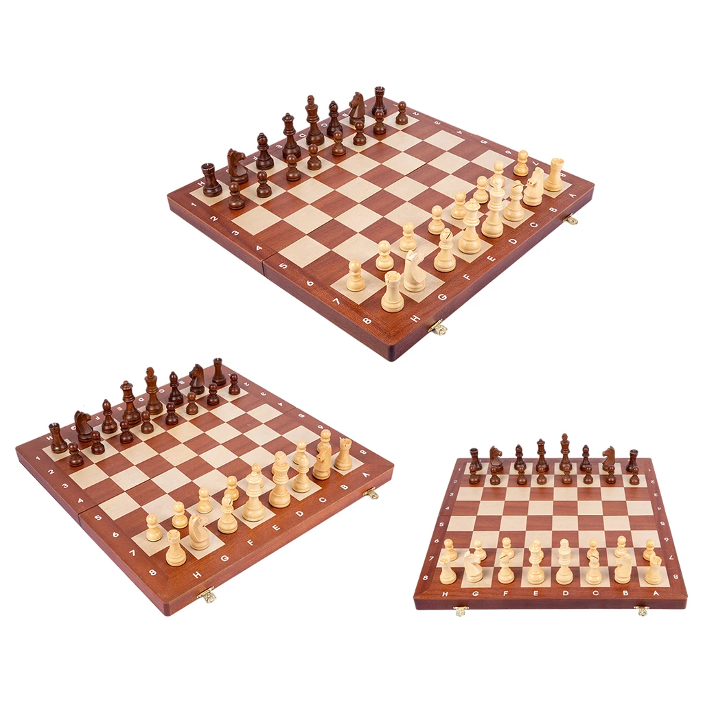 Portable Wooden Chess Set with Game Pieces Storage Slots, Educational Chess Toy for Kids