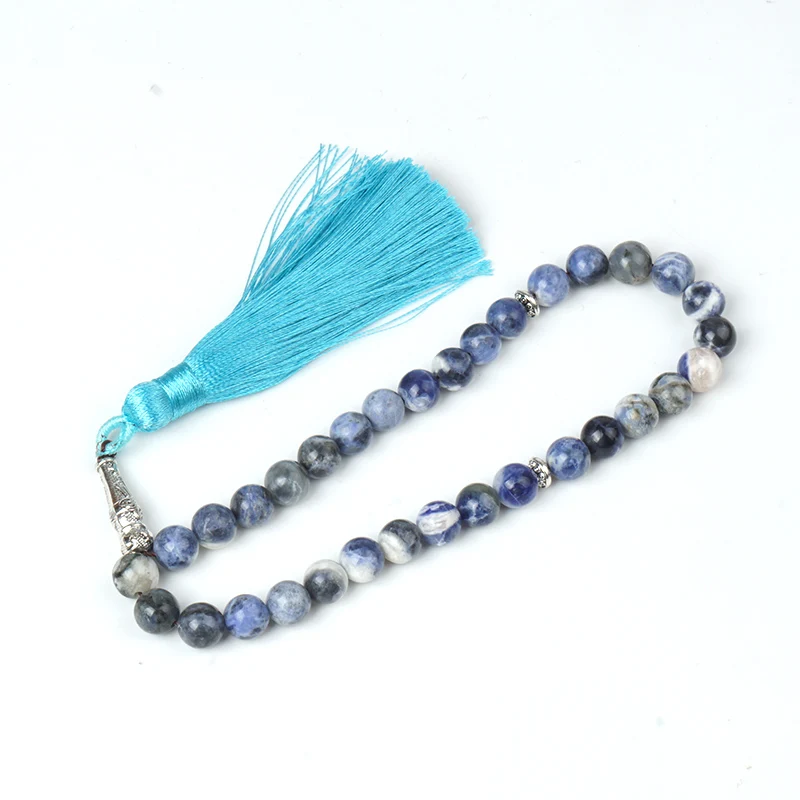 Натуральный драгоценный камень бусина с голубыми венами агатовый Розарий