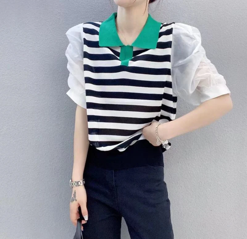 

2021 Limited Room 205463, Row 8, No. 6, Upper Part] Non Real Shot Net Red Picture Lapel Stripe Short Sleeve Pullover Sweater 38