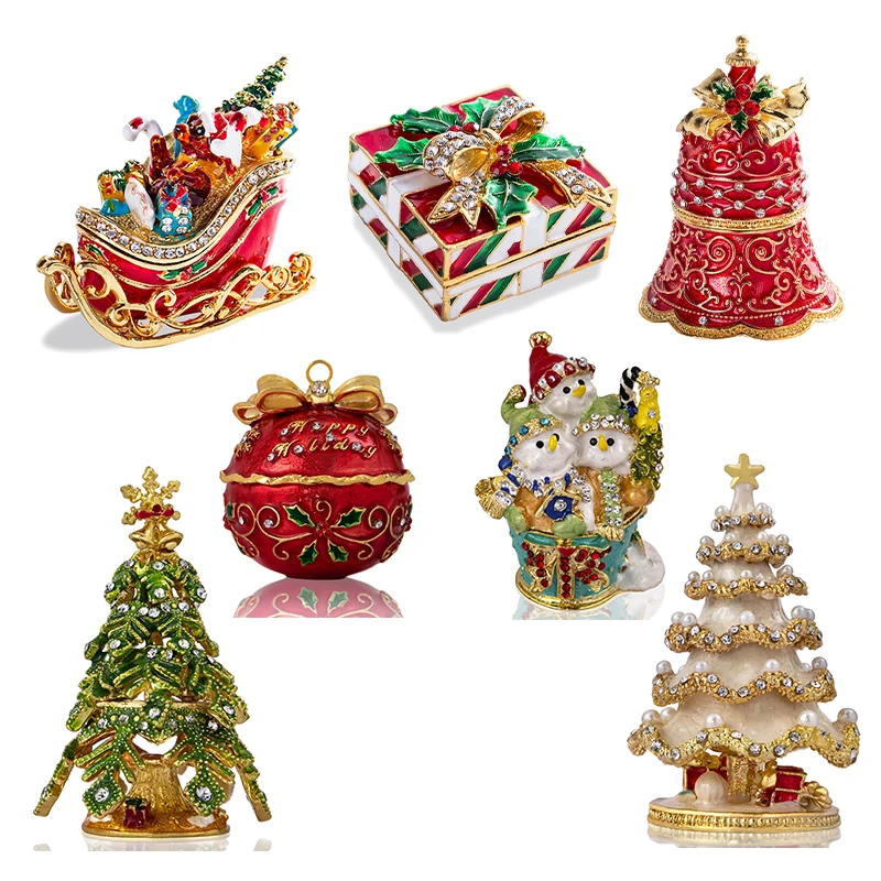 H&D 7 Styles Hand-Painted Christmas Theme Jewelry Trinket Box Figurines Enameled Ring Holder with Shinning Rhinestones XMAS Gift