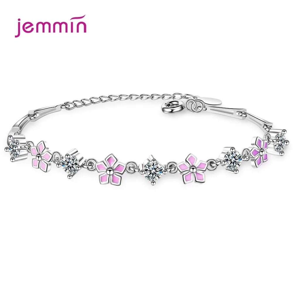 

Luxury Original 100% 925 Sterling Silver Chain Bracelet for Women Trendy Charming Pink Flower Bracelet Wrist Jewelry Gift