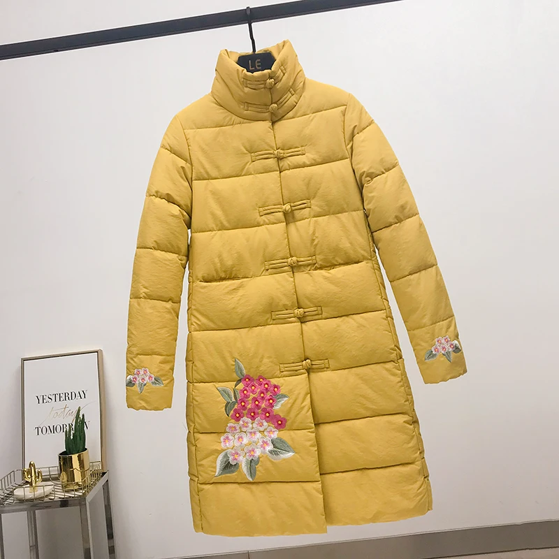 

Chinese Style Women's Winter Jacket Stand Collar Floral Print Thick Long Parkas Female Plus Size Loose Single Breasted Coats