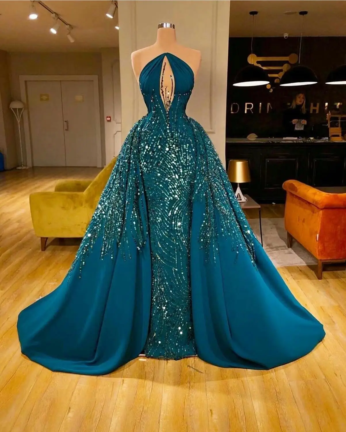 Bling Bling Sequins Mermaid Prom Dresses With Detachable Train Backless Evening Dress Party Red Carpet Formal Wear Ogstuff robes