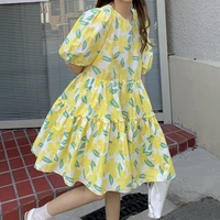 korean chic casual fashion new temperament robe o neck printed yellow puff sleeve loose mid length dress female summer 2022