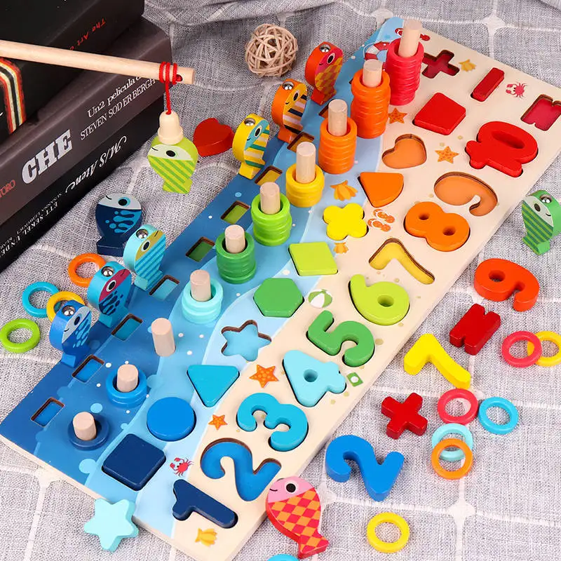

Деревянная 3D доска, игрушки 5 в 1, количество чисел для рыбалки, подходящая цифровая Математическая головоломка Монтессори, развивающие игру...