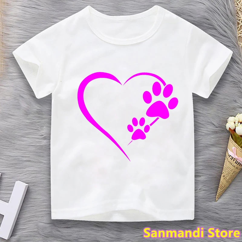

Pink Love Cat Paw Print T-Shirt Tops For Girls/Boys Harajuku Kawaii Children'S Clothing Summer Fashion Tshirt Kids Clothes