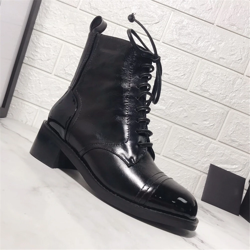 New Genuine Leather Lace Up Women Spring Autumn Boots Round Toe Thick Heel Ankle Shoes White and Black Size35-40 | Обувь