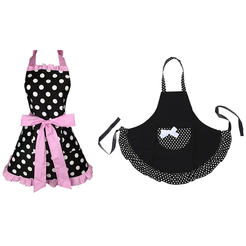 

2 предмета, милая хлопковая футболка в горошек узор Рабочая шеф-повара Кухня Пособия по кулинарии женские фартук с нагрудником, черный и роз...
