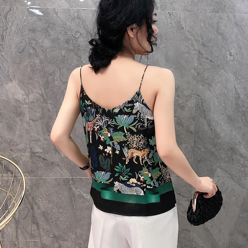 Vogue Elegant Prints Camisole Vest Women Sexy V-Neck Satin Silk Floral Animals Printed Office Lady Fashion Sling Tank Tops 2020 | Женская