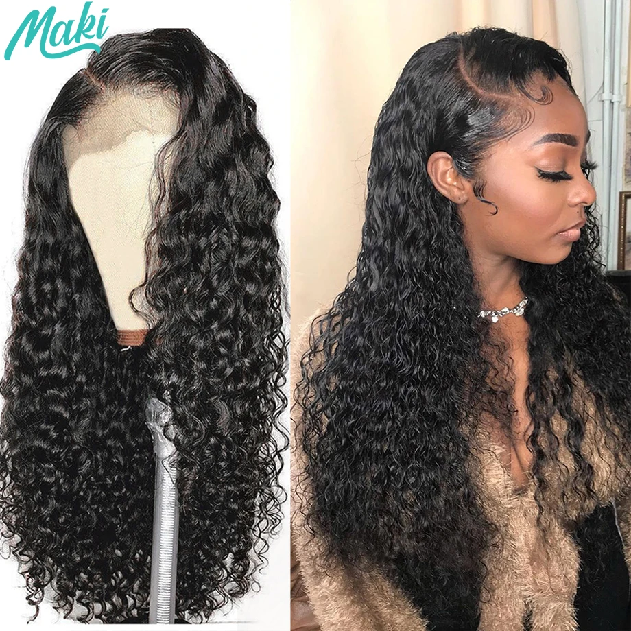 Maki Hair Deep Curly Frontal Wig Wet And Wavy Lace Front Human Hair Wigs Women Brown Lace Frontal Wig Brazilian Water Curly Wig