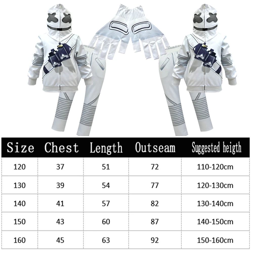 Хэллоуинский карнавальный костюм для детей с популярным музыкальным Ди-Джеем Маршмеллоу в косплейной маске, с капюшоном для мальчиков и девочек, включающий худи, штаны и перчатки, одежда для вечеринок.