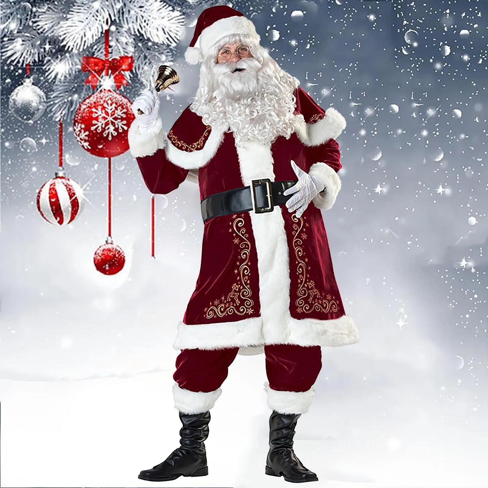 

8PC Christmas Santa Claus Costume Cosplay Santa Claus Clothes Fancy Dress Christmas Men 7pcs/lot Costume Suit For Adults