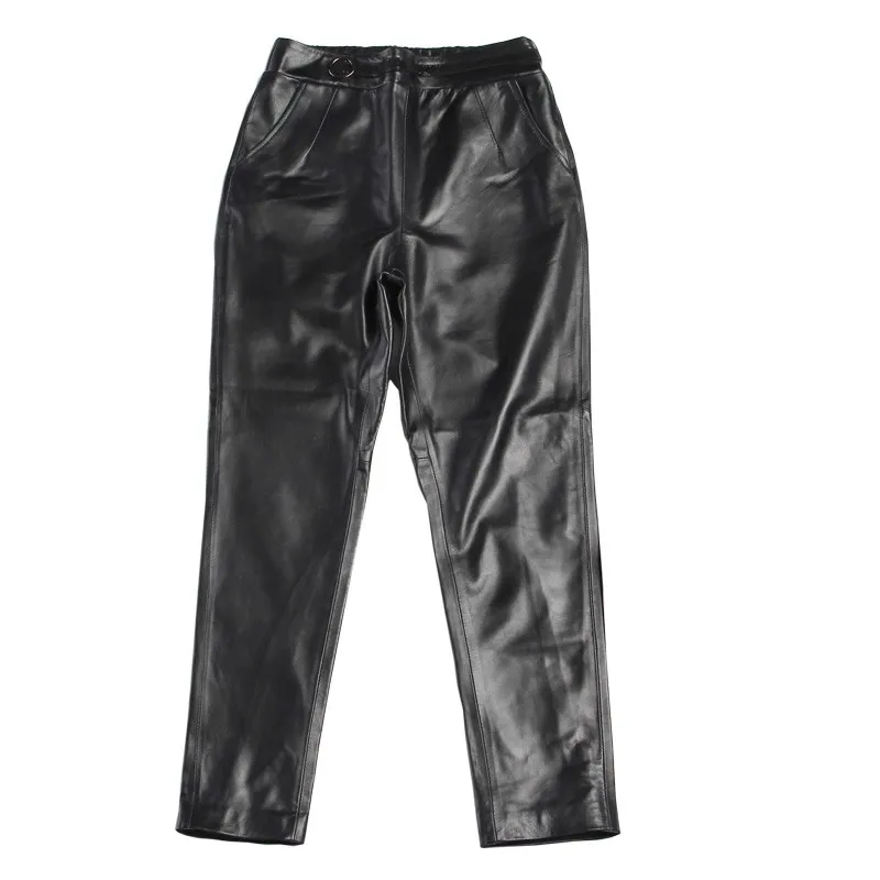 

Genuine New Spring Leather Pants Women Plus Size Black Streetwear Ladies High Quality Elastic Waist Real Leather Trousers Female