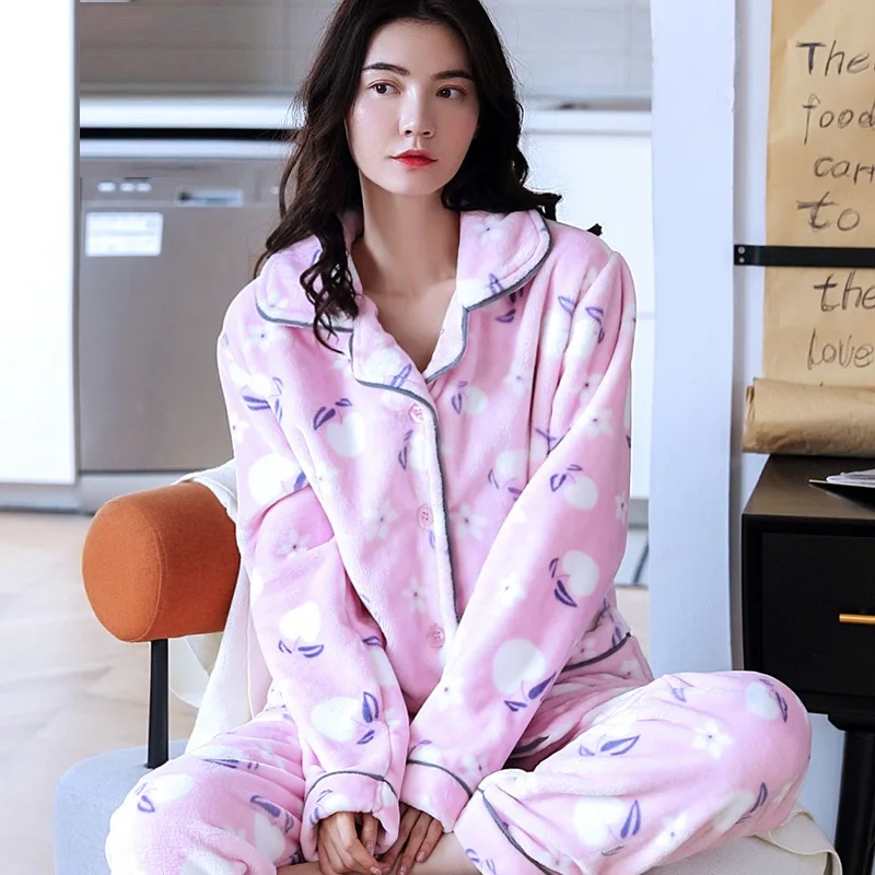 

H5837 Sweet Women Pajamas Suit Female Plus Velvet Flannel Autumn Winter Sleepwear Long Sleeve Coral Fleece Comfortable Nightwear