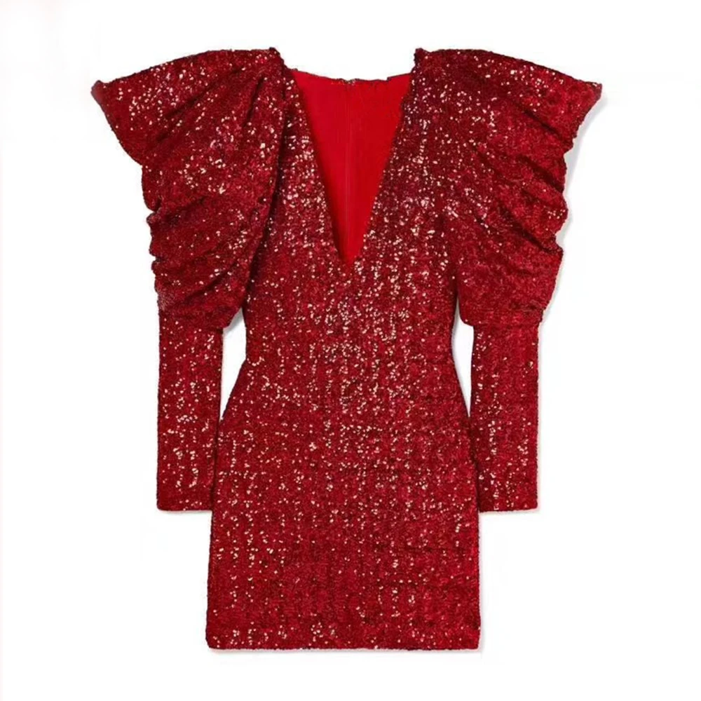 

Sexy Red Sequined Dress for Women 2019 Deep V-neck Sequins Mini Bodycon Dresses Autumn Winter Long Sleeve Celebrity Party Dress