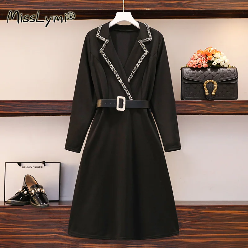 

Женское элегантное платье-блейзер с поясом, черное офисное платье большого размера с отложным воротником и длинным рукавом, весна 2022