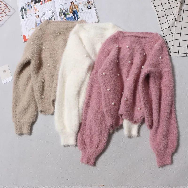 

Crop sweater autumn winter women sweaters and pullovers korean style long sleeve casual Beading knitted jumpers sweater mujer