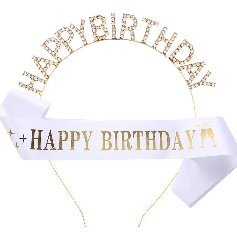 

Bling Happy Birthday Crown Girl Women Rhinestone Crystal Birthday Decoration 10 13 16 30 50th Satin Sashes Anniversary Supplies