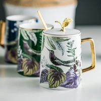 large luxury cup for high quality home office with ceramic cup with golden leaf cover with spoon