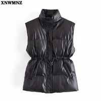 xnwmnz women 2021 fashion drawstring leather cotton vest pocket padded waistcoat vintage sleeveless female outerwear streetwear