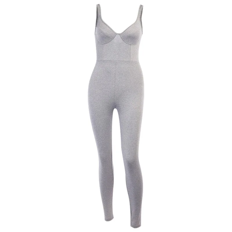 

Black Grey Skinny Spaghetti Strap Sleeveless Women Jumpsuit One Piece Sports Pants Sexy Backless Workout Fitness Sports Clothes