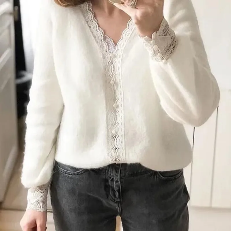 New Fashion V-neck Women Knitted Sweater Cardigan Hollow Lace Stitching Single-breasted Knitwear Short Coat Top |