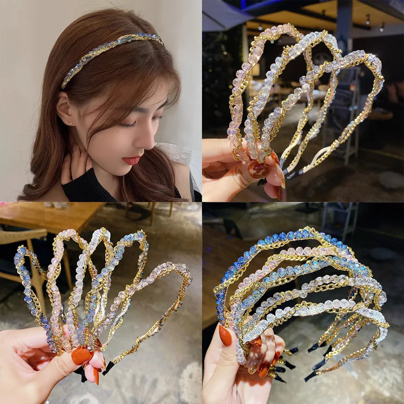 

2021 Fashion Metal Rhinestone Chain Hair Hoop New Beautiful Simple Women Card Issuance Sweet Girl Wave Headband Hair Accessories