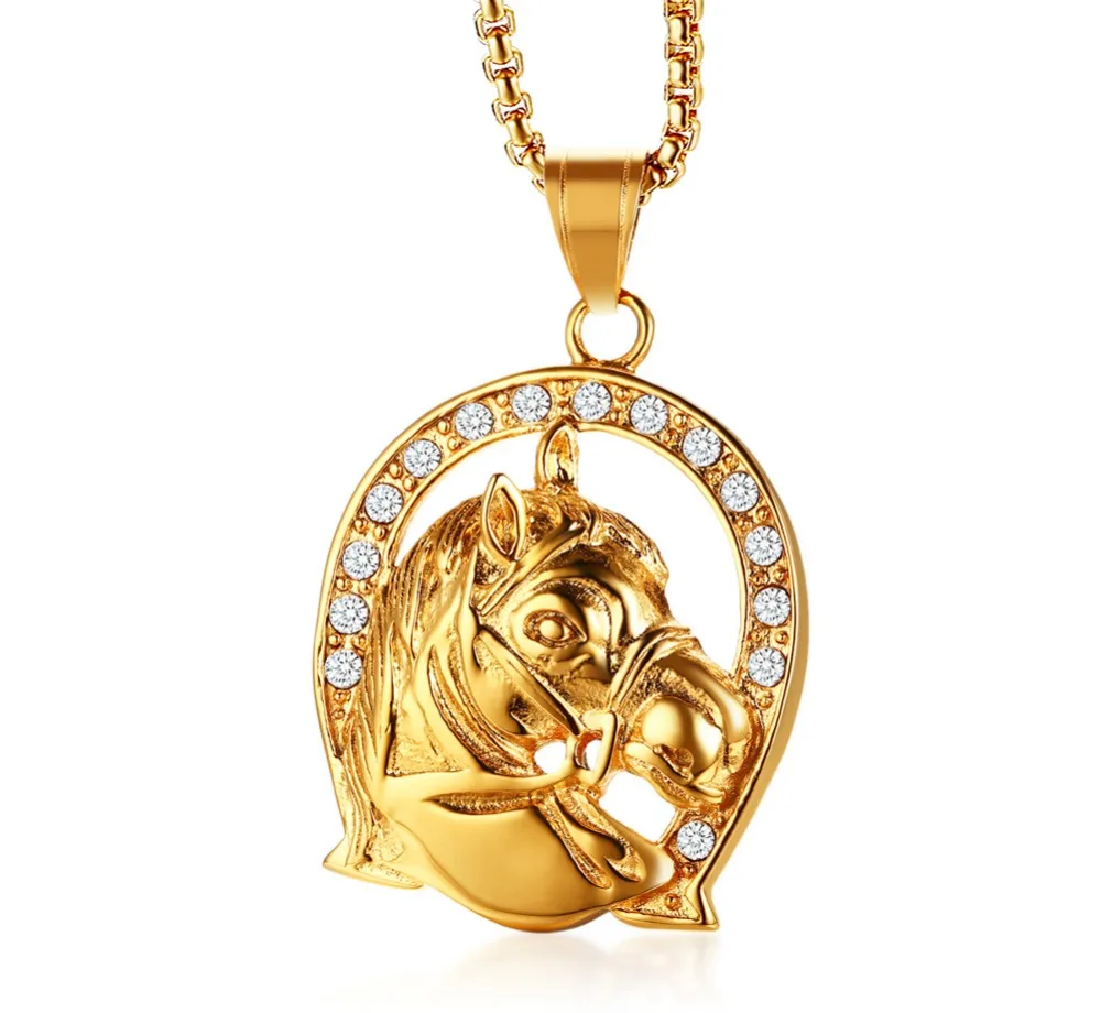 

2018 Gold color Men Rhinestone horse pendant necklaces Stainless Steel fashion Animal Hiphop iced out necklace men jewelry gifts