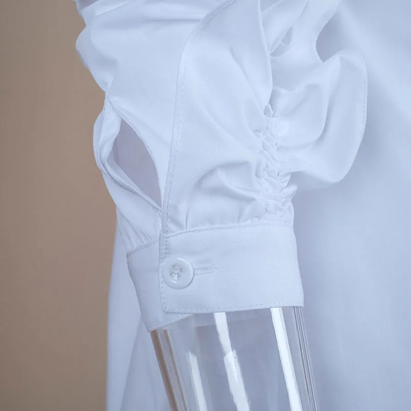 

CHICEVER White Blouses For Female Lapel Butterfly Long Sleeve Slim Patchwork Ruffles Women's Shirts 2021 Autumn Fashion Clothing