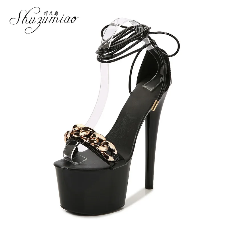 

SHUZUMIAO Women Shining Black Pumps High Platform Stiletto Heel Sandals Cross Strap High Heel Sandals Dress Shoes 41 42 43