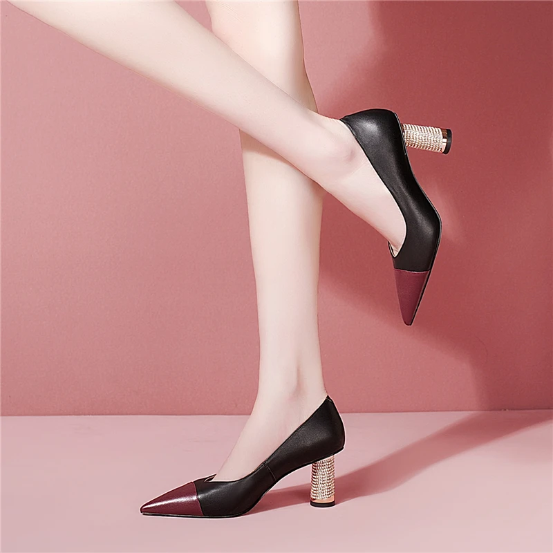 

VERCONAS Spring Women Pumps Fashion Concise Party Dress Office Genuine Leather Pointed Toe Rhinestone Thick Heels Shoes Woman