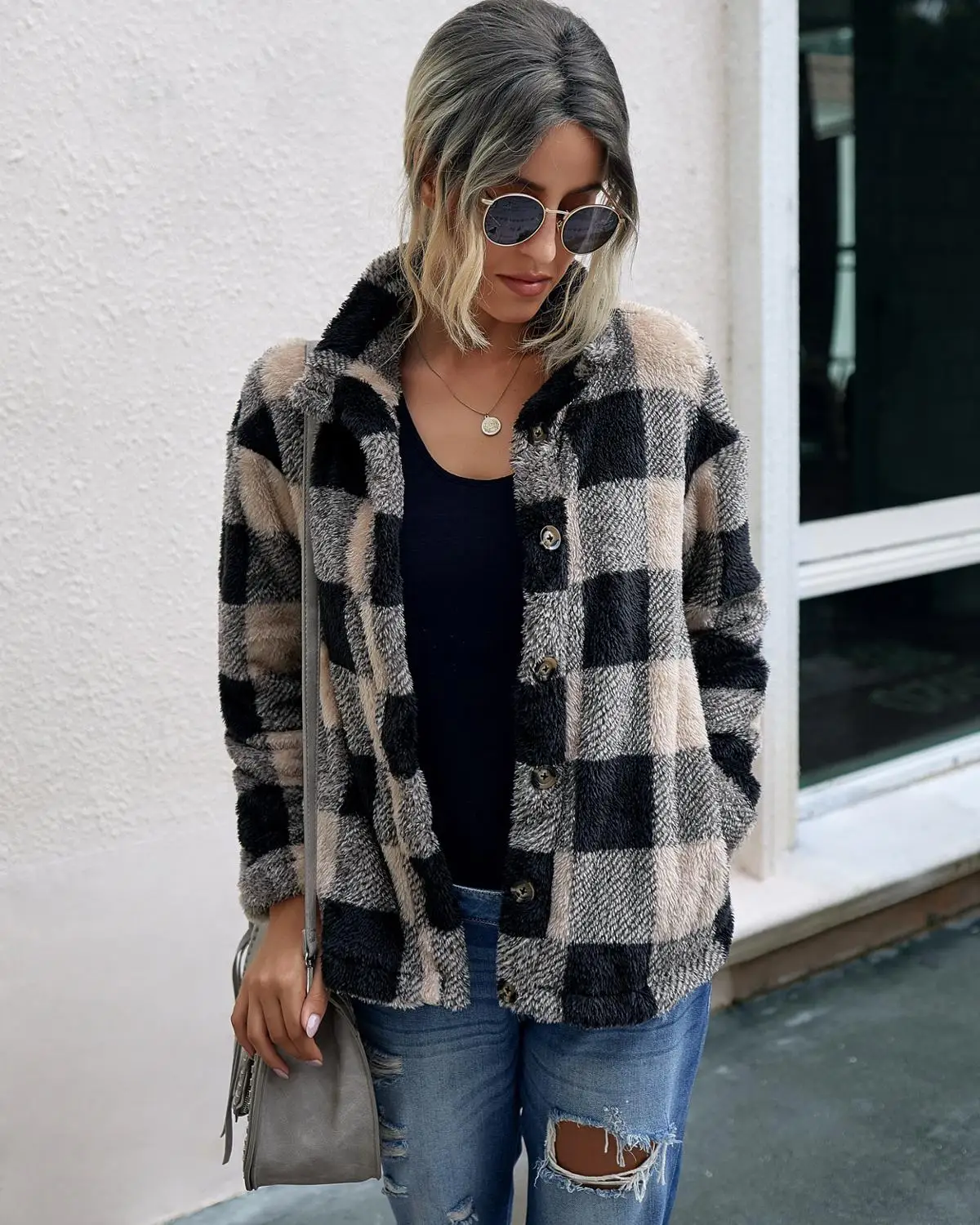 

Autumn Winter Fashion Plaid Plush Coat Women Stand Collar Long Sleeve Single-Breasted Elegant Casual Loose Pocket Outwear Female