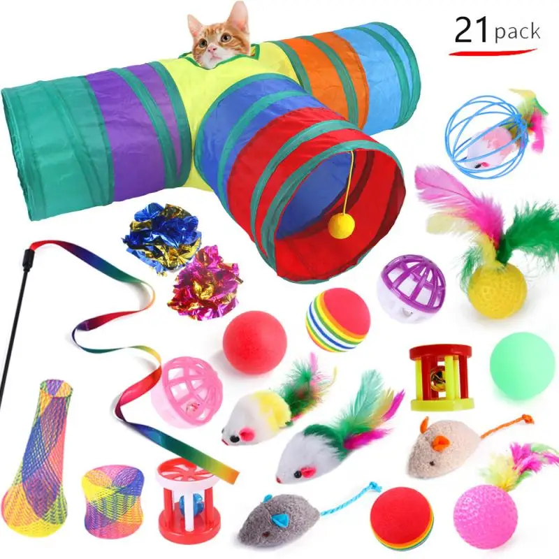 

21Pcs Cat Toys Set Indoor Outdoor Interactive Kitten Toy Assortments Cat Tunnel Balls Bell Feather Teaser Wand Mice Toys 2021