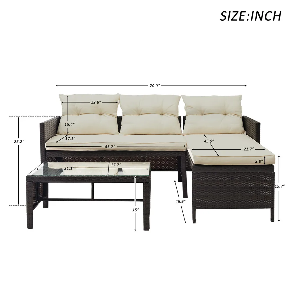 

5 Cushions Modern Rattan Sofa Set Fabric Sofa Bed Living Room Furniture Simple Garden Outdoor Sofa Couch Set with Coffee Table