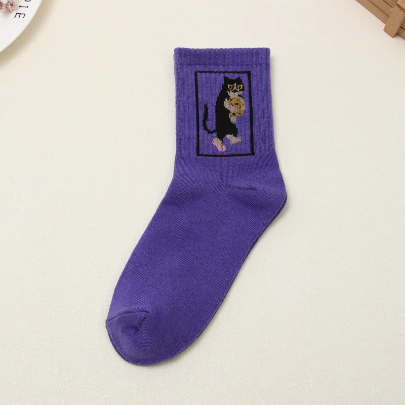 Purple Biscuits Cat Новая мода харадзюку для женщин и девочек хип-хоп длинные носки с милыми животными носки с динозаврами для женщин забавные японские носки с героями мультфильмов - Цвет: Purple Biscuits Cat
